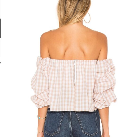 NWT L'Academie The Puff Sleeve blouse in taupe gingham size small - Picture 2 of 10